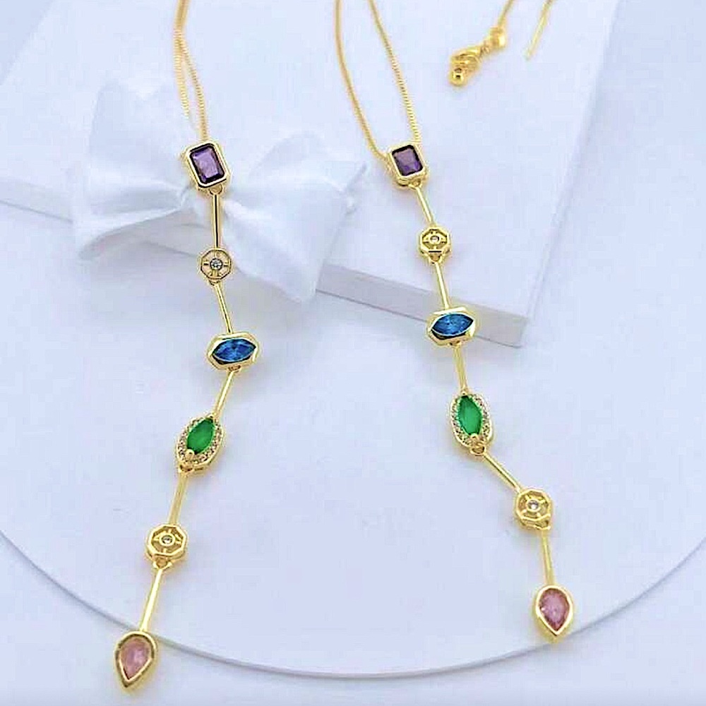 Gold Plated Stainless Steel Multicolor Zircon Tier Necklace Statement - Picture 10 of 17